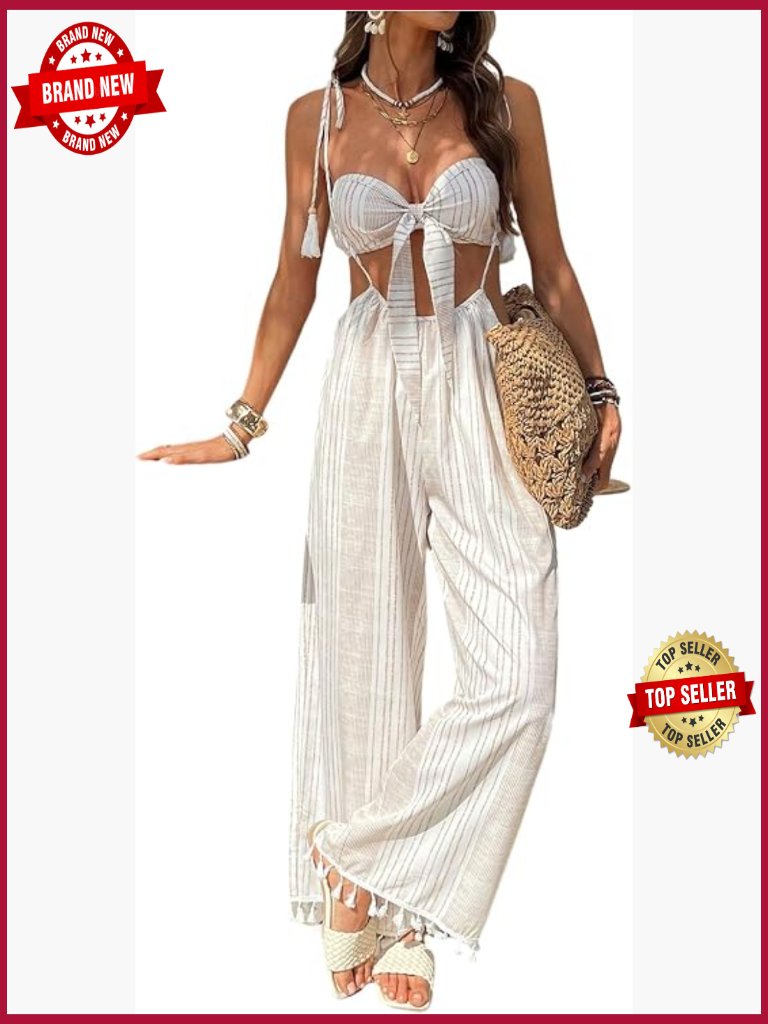 2 Piece Striped Crop Top & Jumpsuit Set Strapless Wide Leg Pants